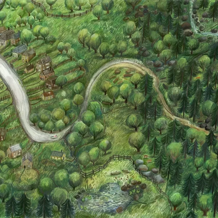 an illustrated , full colour map looking down on a lane that curves from the village to the forest. Yo can see a dog running along the lane, and wild animals in the forest. There are lots of trees, houses, a pond and a river 